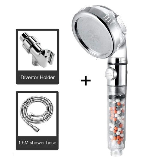 Typheron™ Ionic Mineral Ball Shower Head With Diverter Shower Holder + 1.5m Shower Hose Bundle