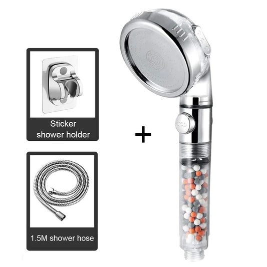Typheron™ Ionic Mineral Ball Shower Head With Sticker Shower Holder + 1.5m Shower Hose Bundle